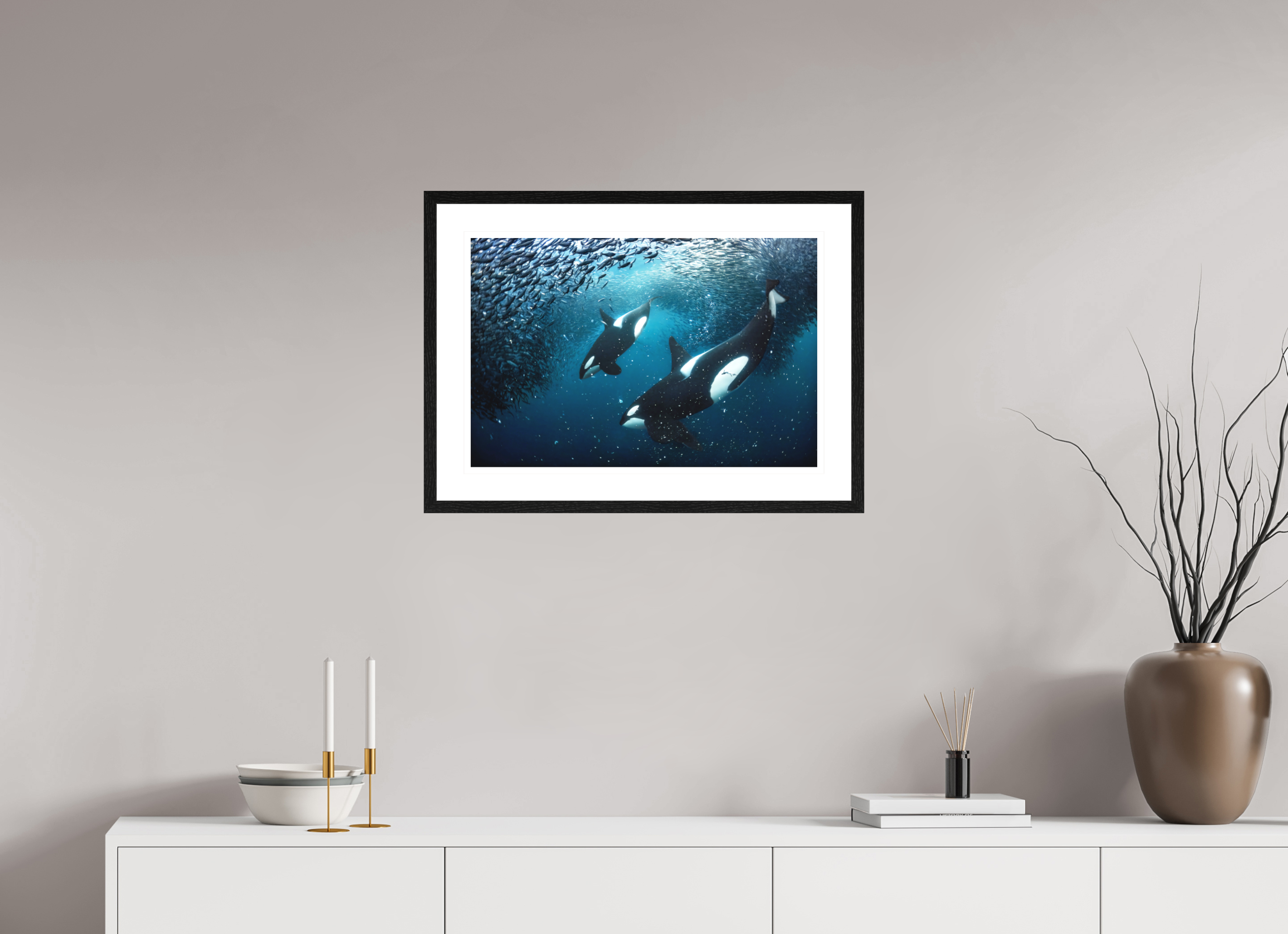 60 x 40 cm, Framed Fine Art Print Orcas on the Hunt