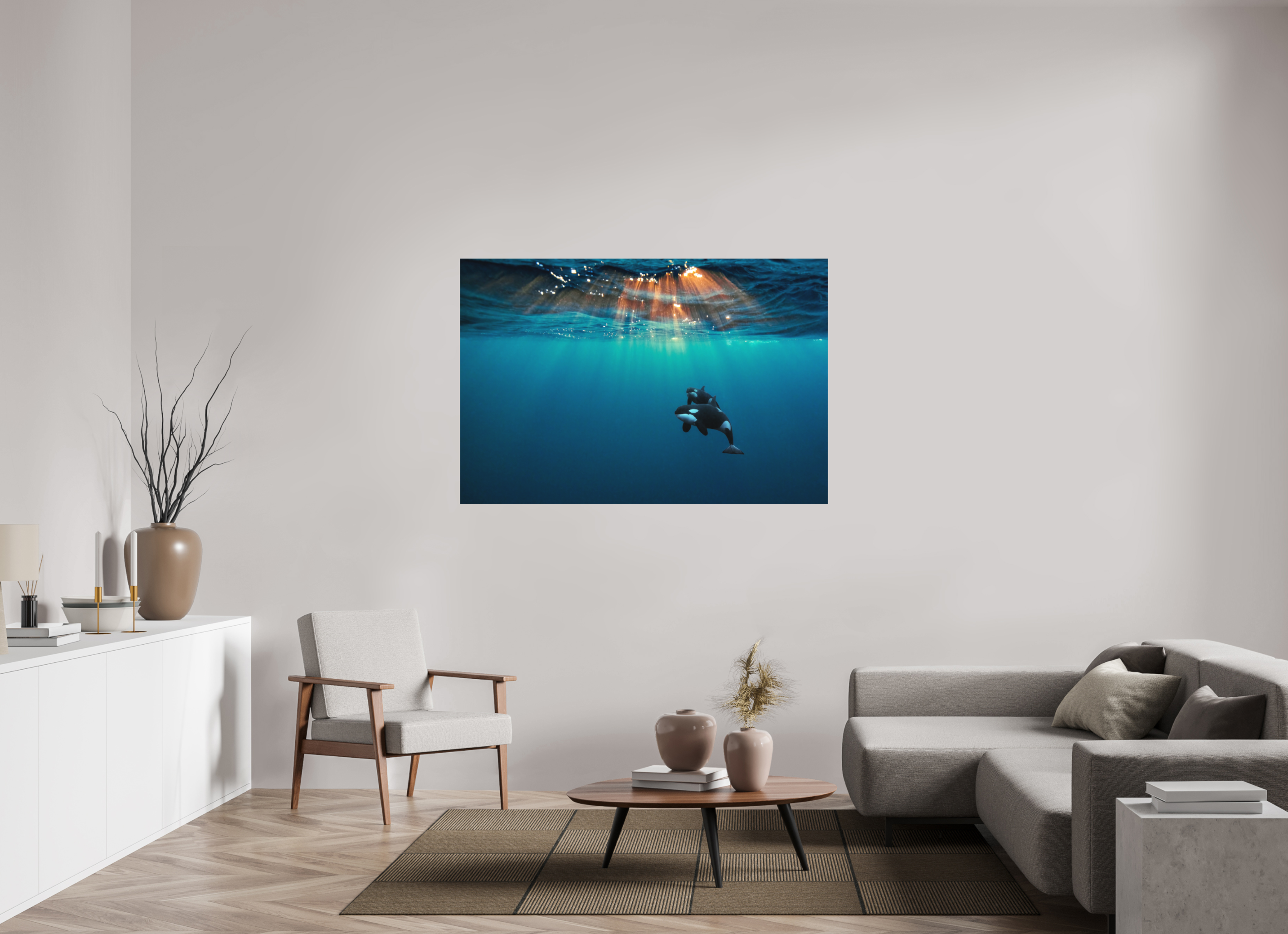150 x 100 cm, Fine Art Print on Alu-Dibond Orcas Under the Arctic Sun