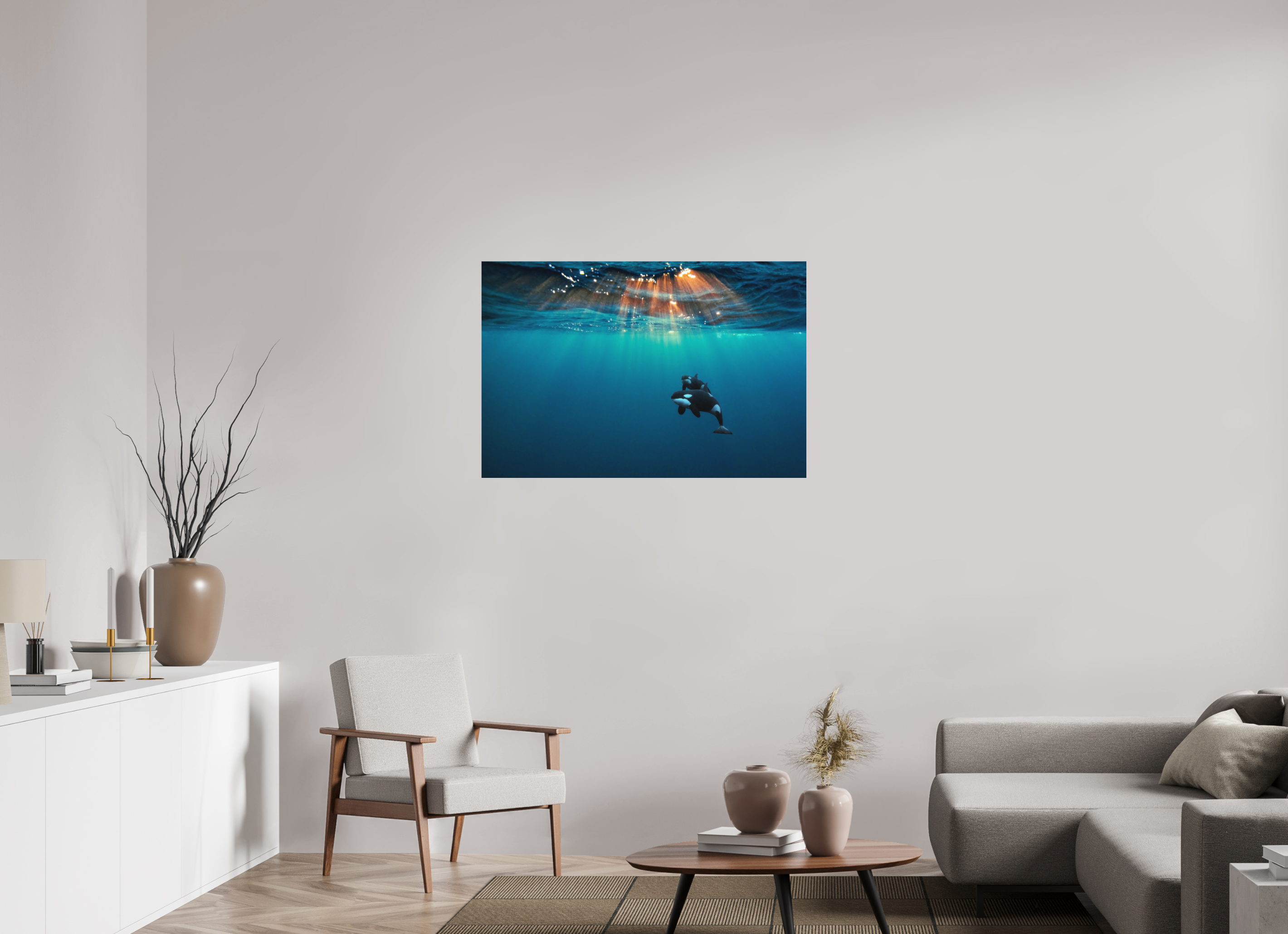 105 x 70 cm, Fine Art Print on Alu-Dibond Orcas Under the Arctic Sun