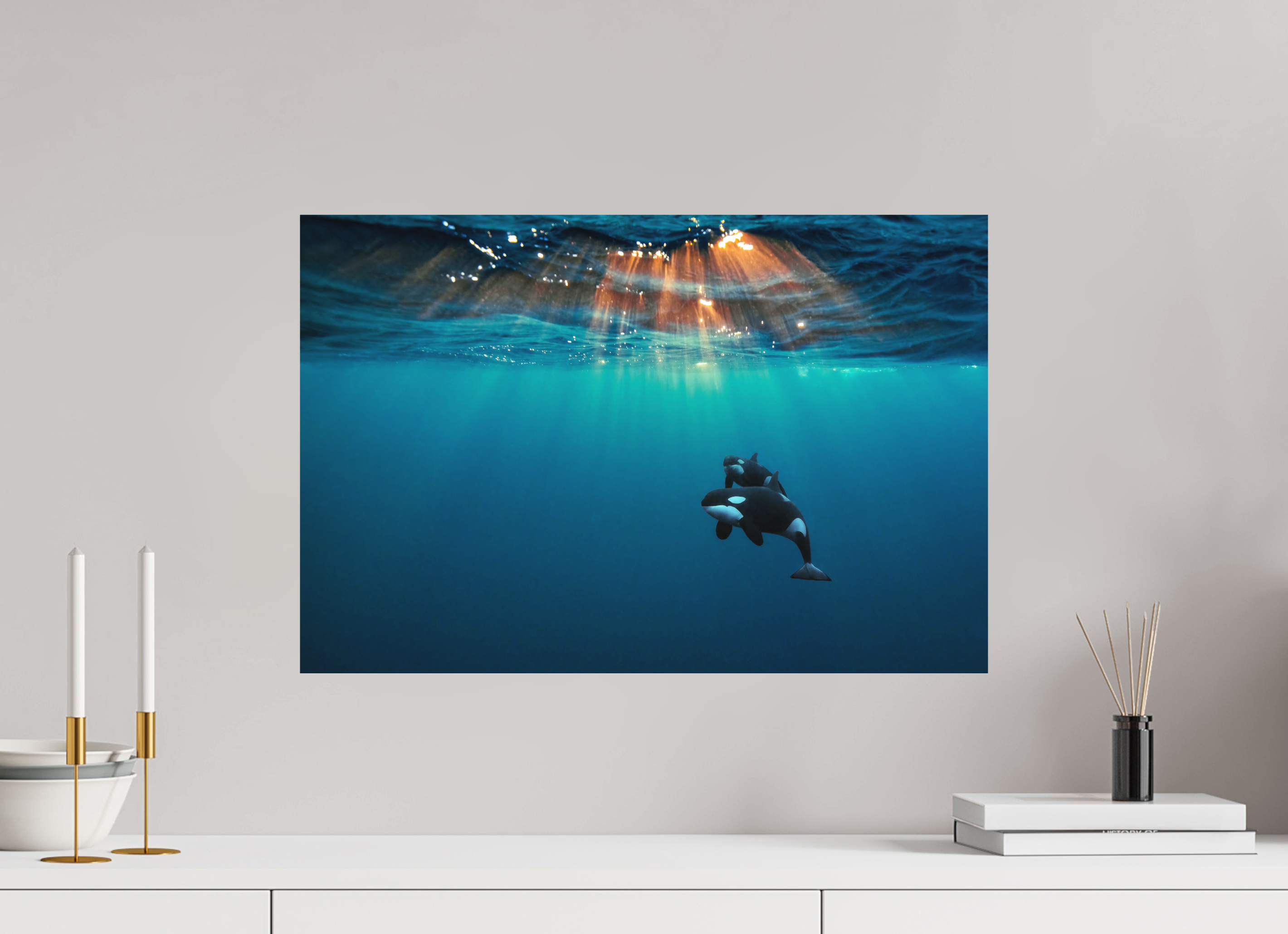 60 x 40 cm, Fine Art Print on Alu-Dibond Orcas Under the Arctic Sun