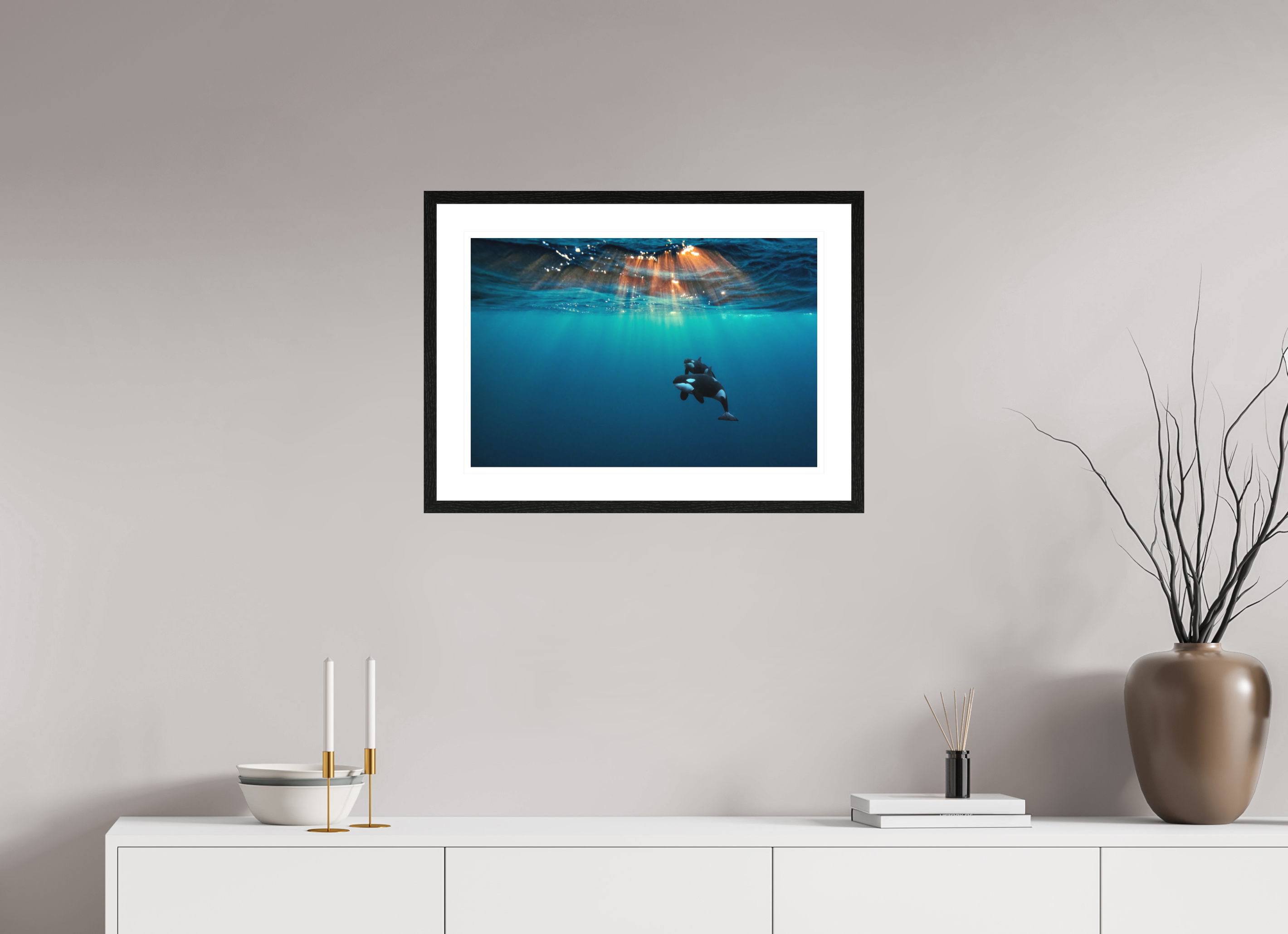 60 x 40 cm, Framed Fine Art Print Orcas Under the Arctic Sun