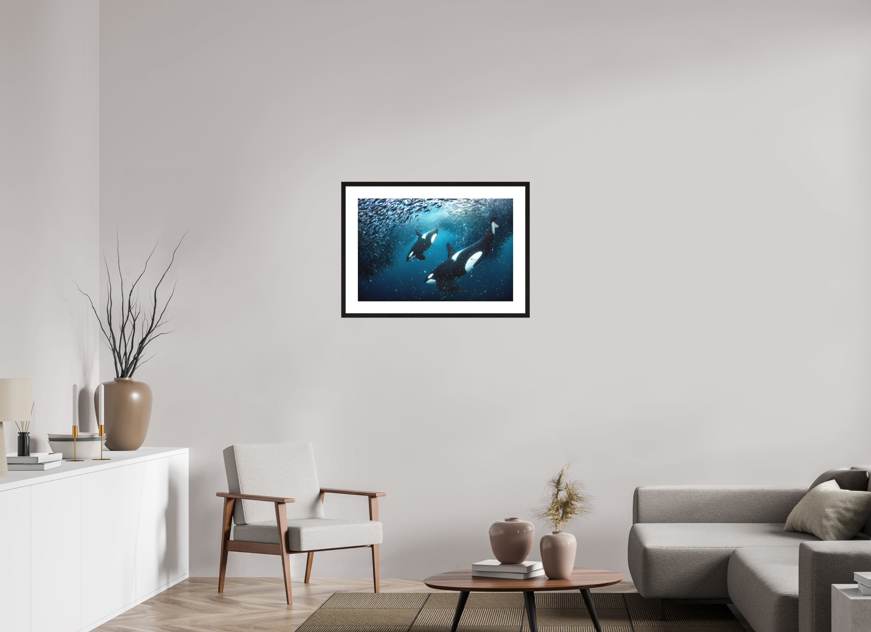 75 x 50 cm, Framed Fine Art Print Orcas on the Hunt