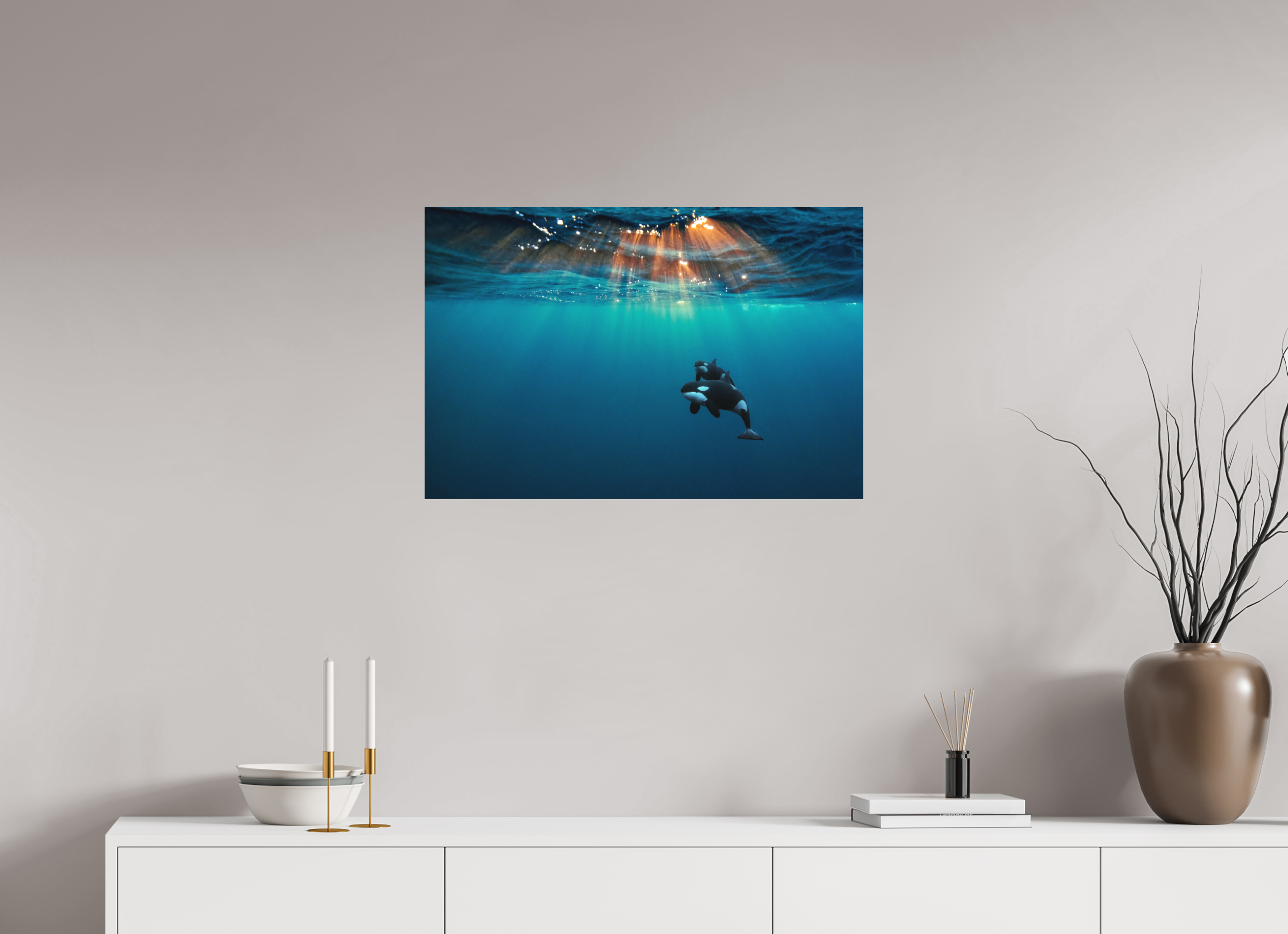 75 x 50 cm, Fine Art Print on Alu-Dibond Orcas Under the Arctic Sun