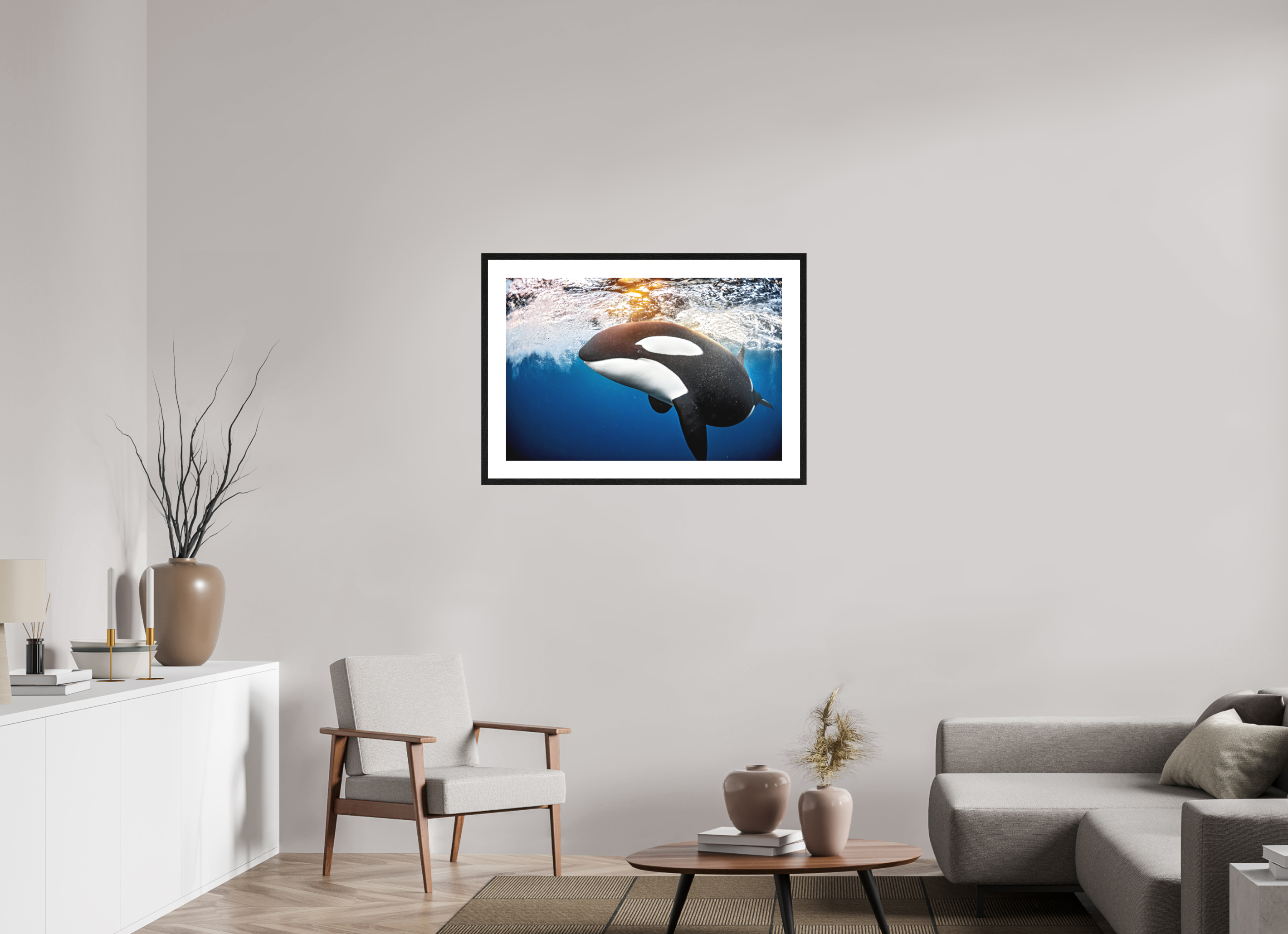 90 x 60 cm, Framed Fine Art Print Golden Orca