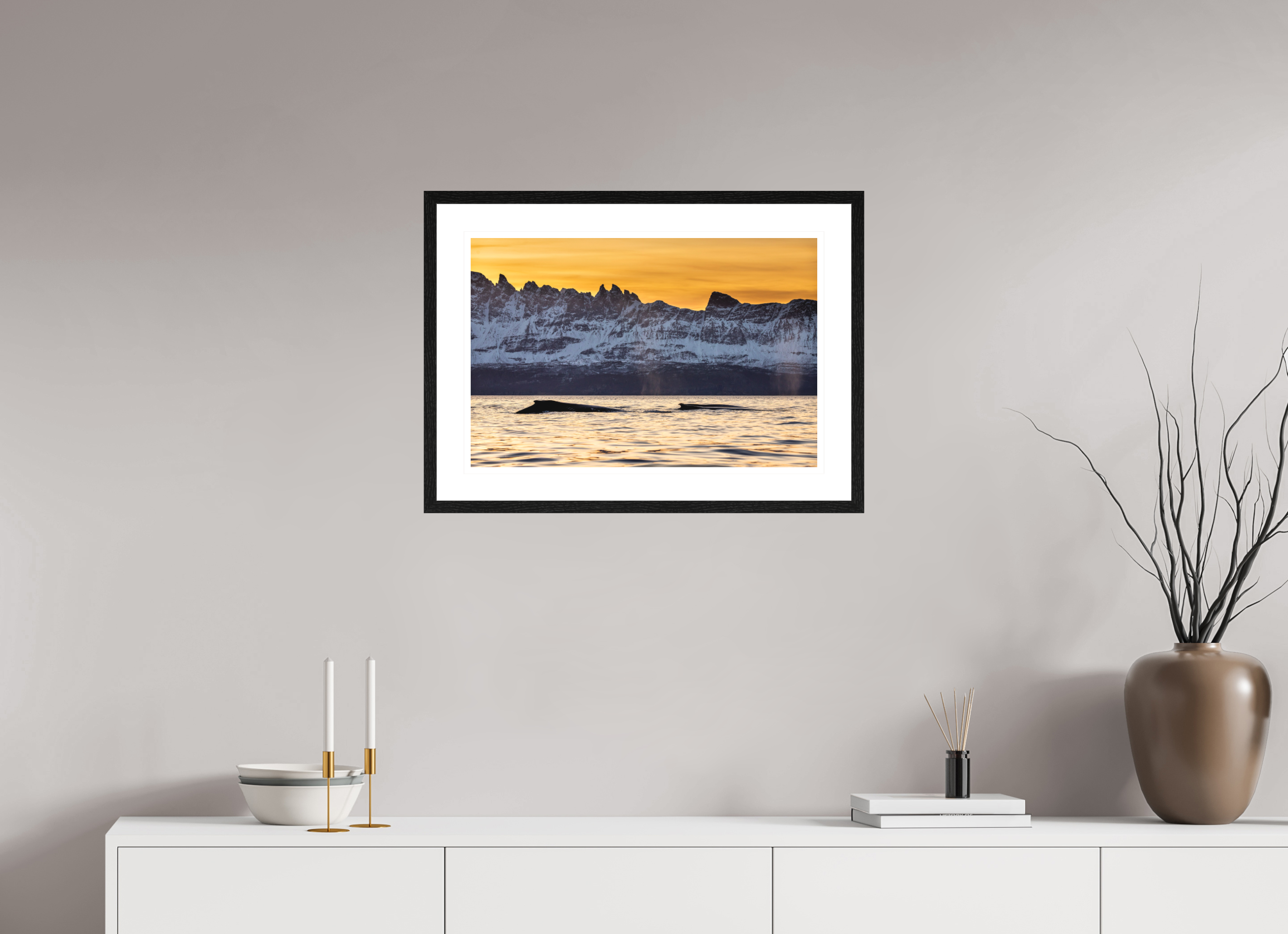 60 x 40 cm, Framed Fine Art Print Whales & Mountains