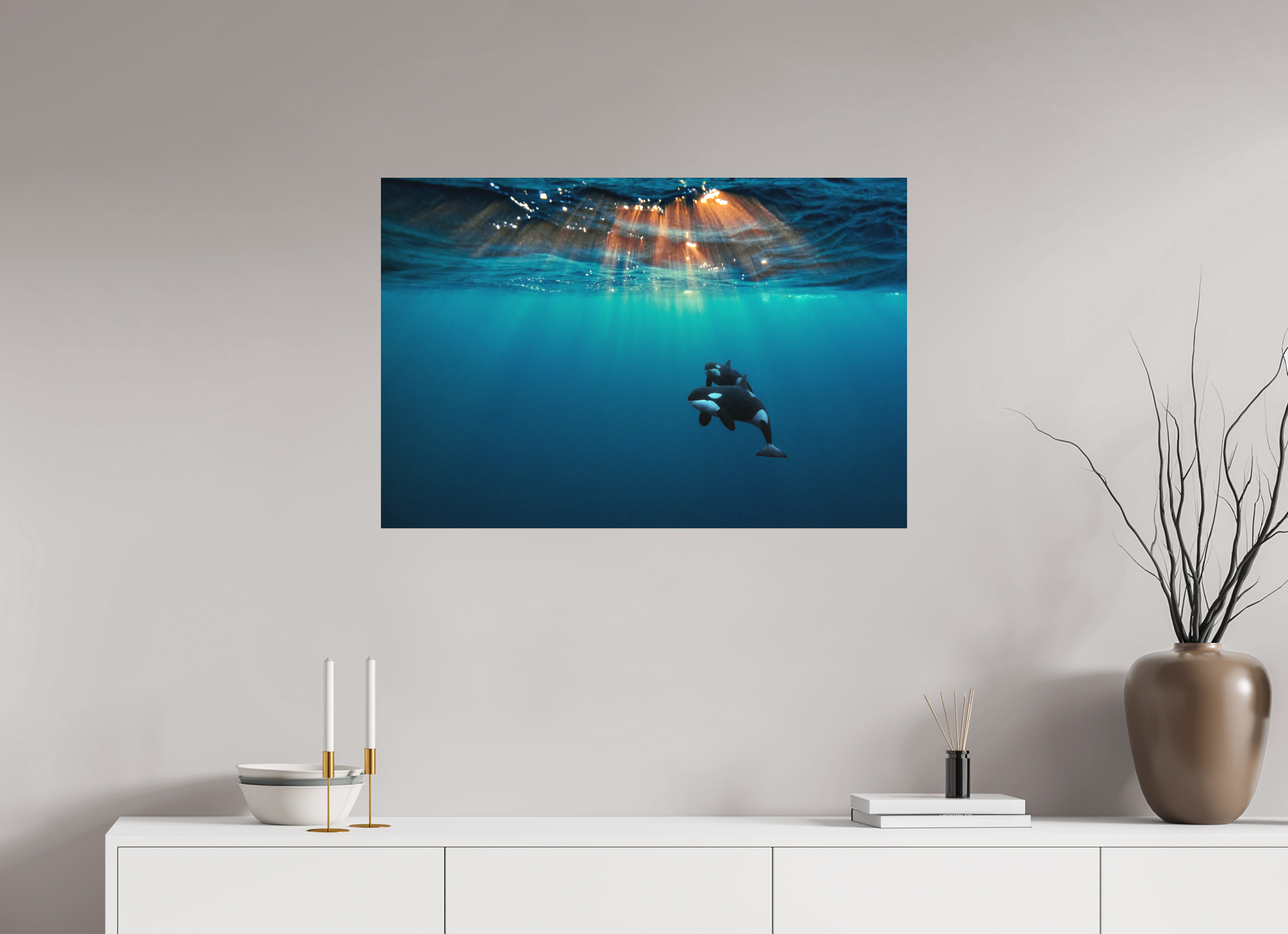90 x 60 cm, Fine Art Print on Alu-Dibond Orcas Under the Arctic Sun