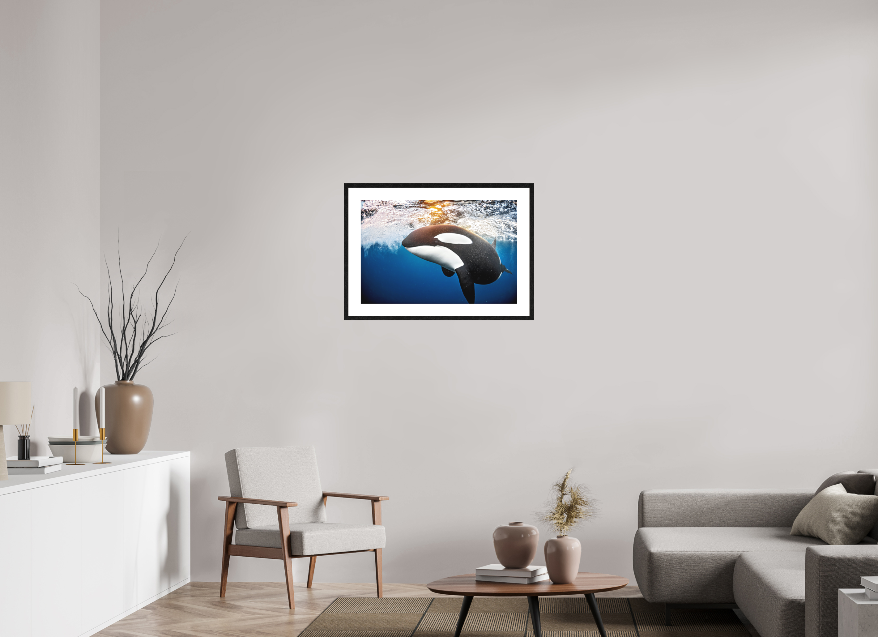 75 x 50 cm, Framed Fine Art Print Golden Orca