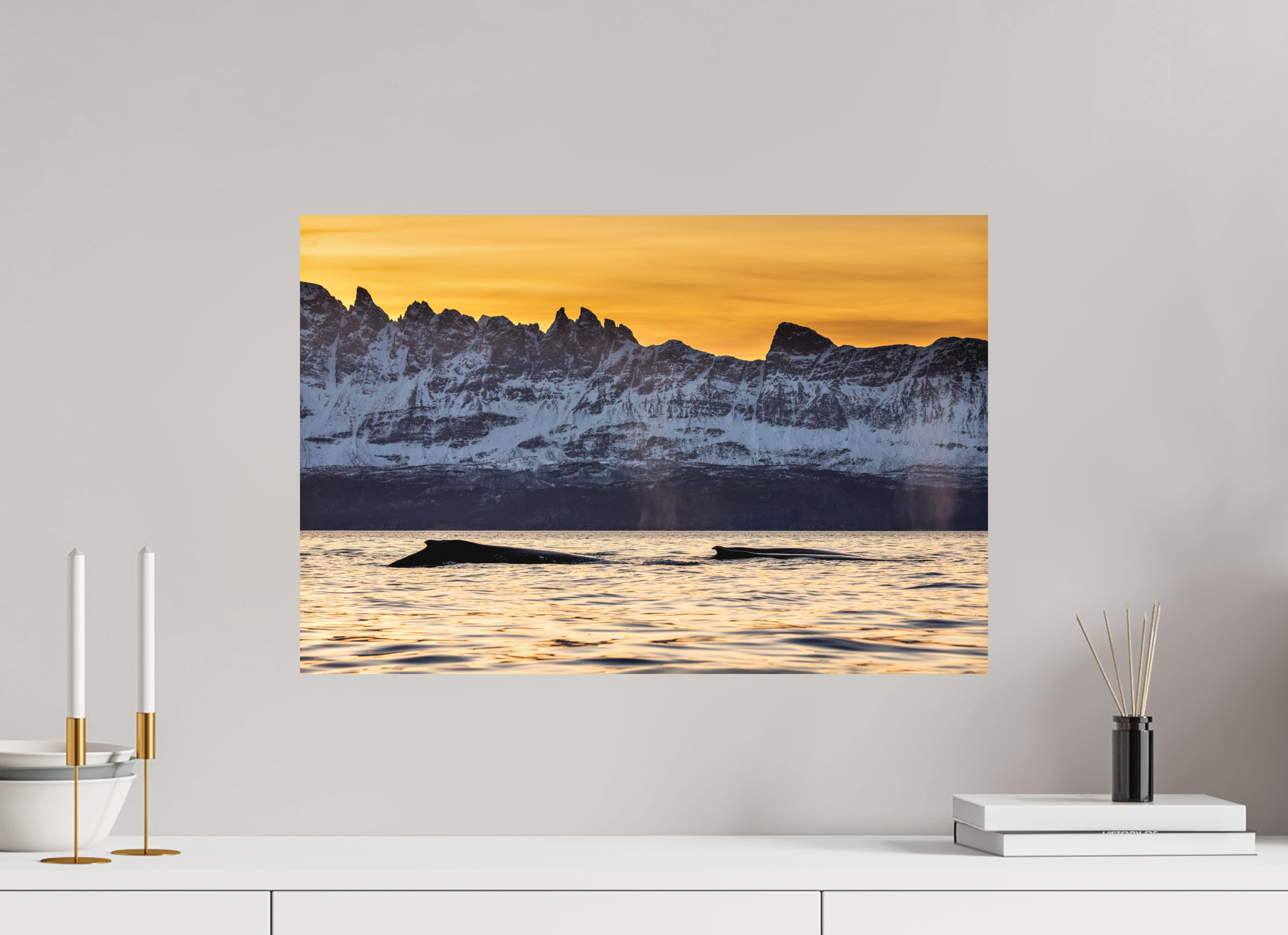60 x 40 cm, Fine Art Print on Alu-Dibond Whales & Mountains