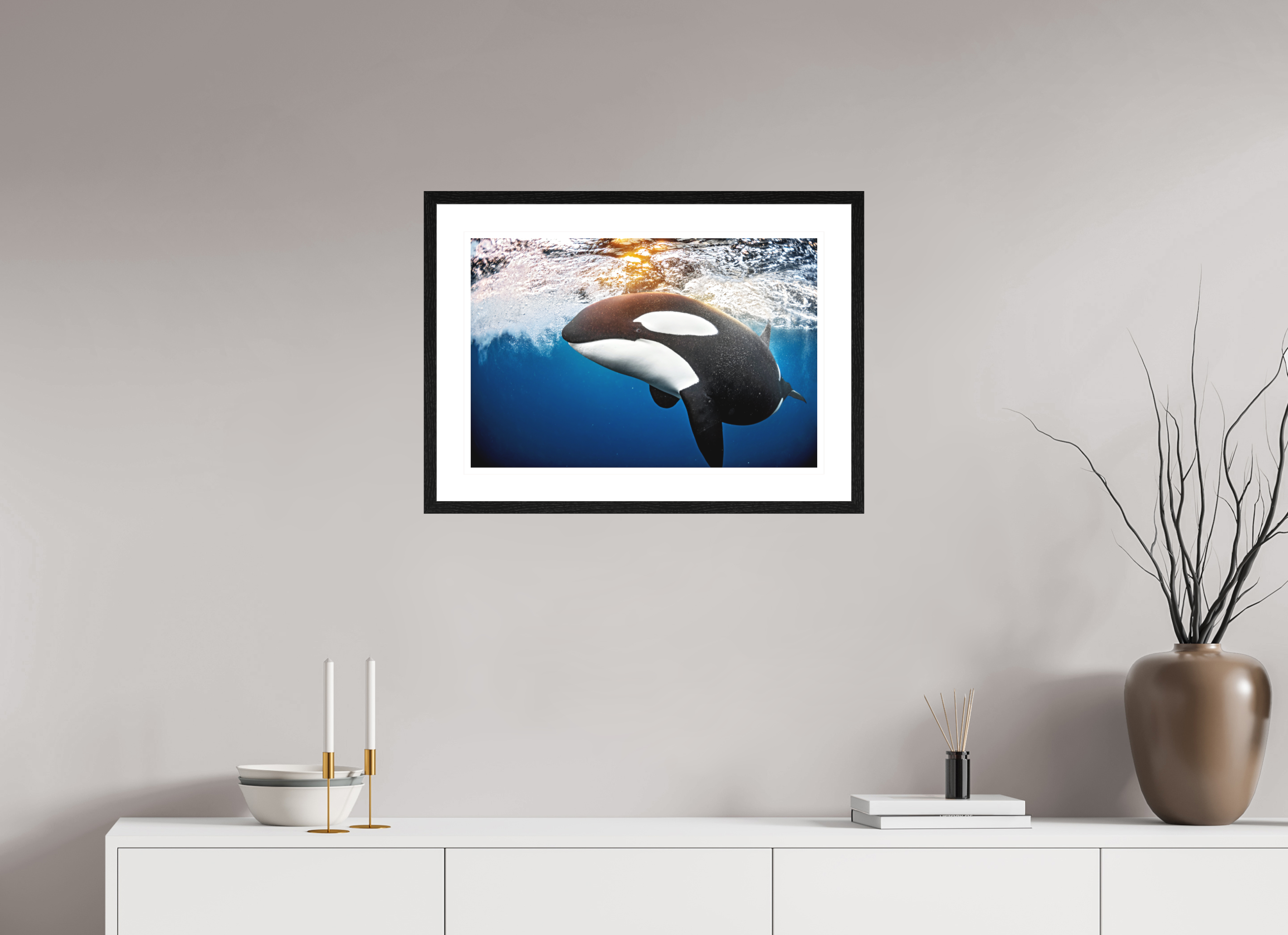 60 x 40 cm, Framed Fine Art Print Golden Orca
