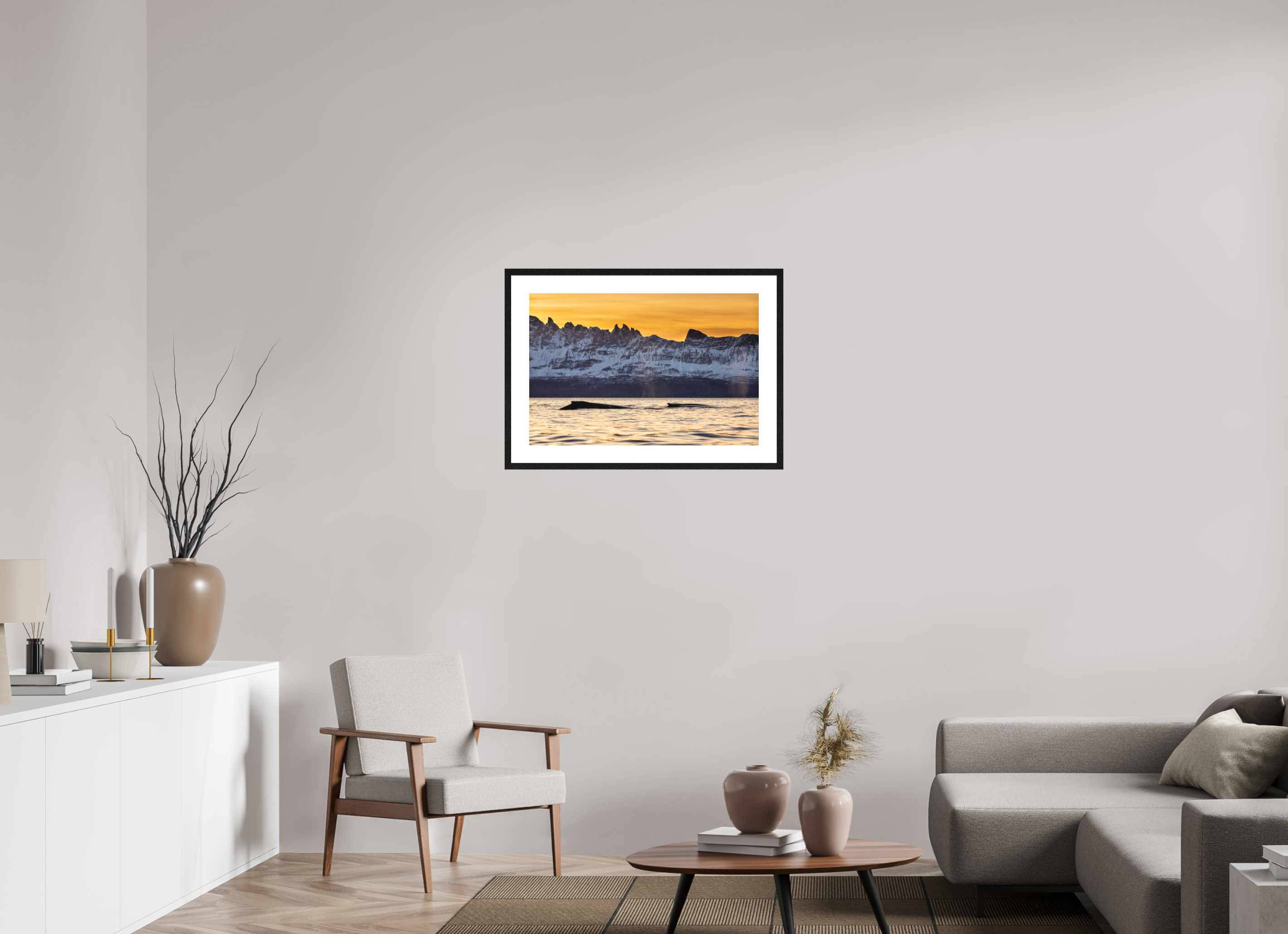 75 x 50 cm, Framed Fine Art Print Whales & Mountains