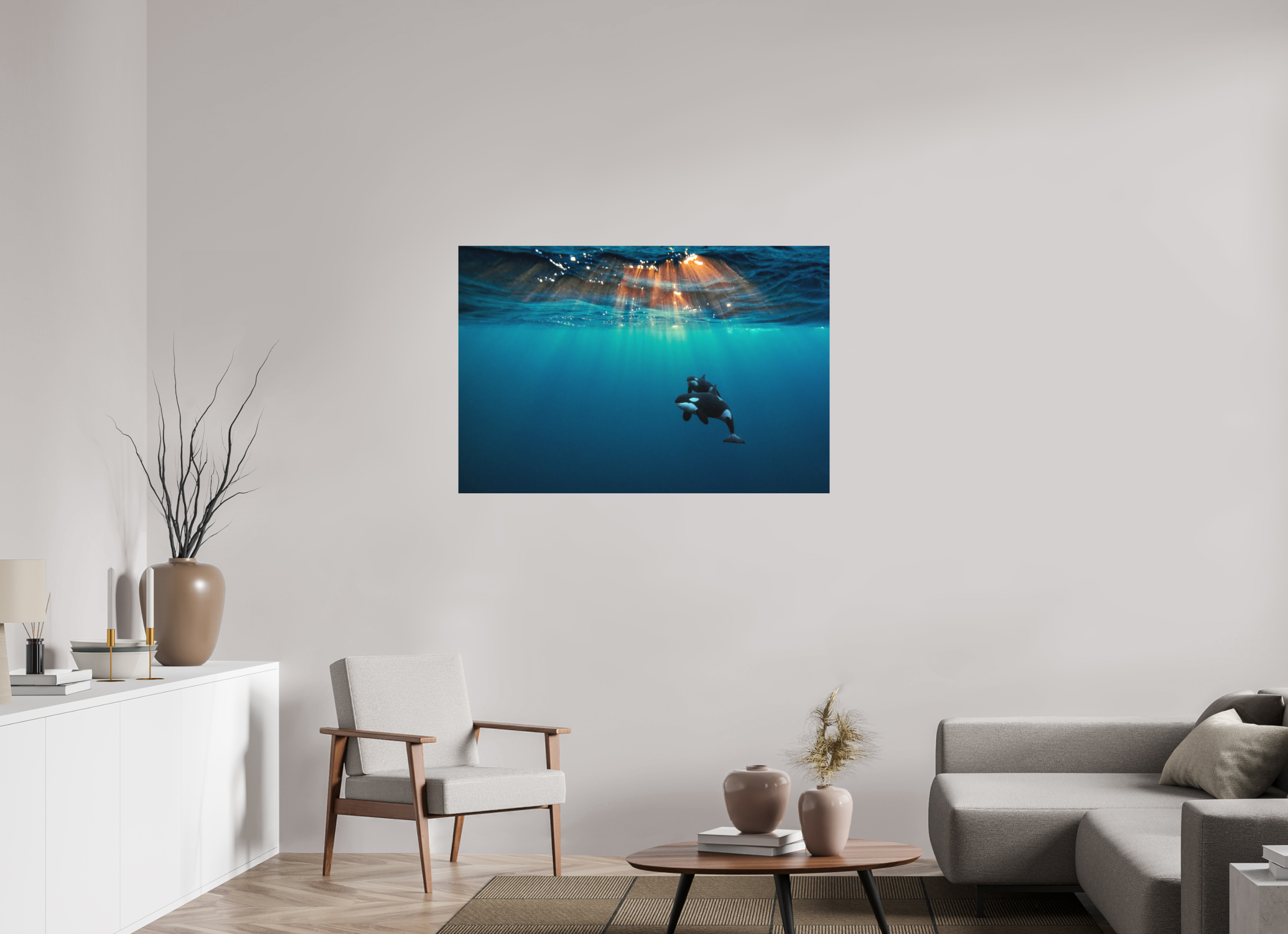 120 x 80 cm, Fine Art Print on Alu-Dibond Orcas Under the Arctic Sun