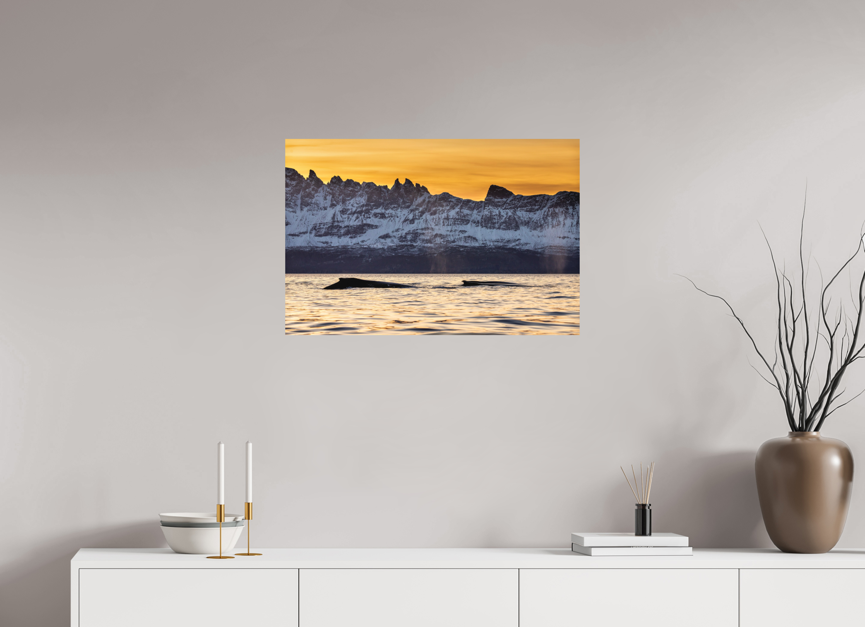 75 x 50 cm, Fine Art Print on Alu-Dibond Whales & Mountains