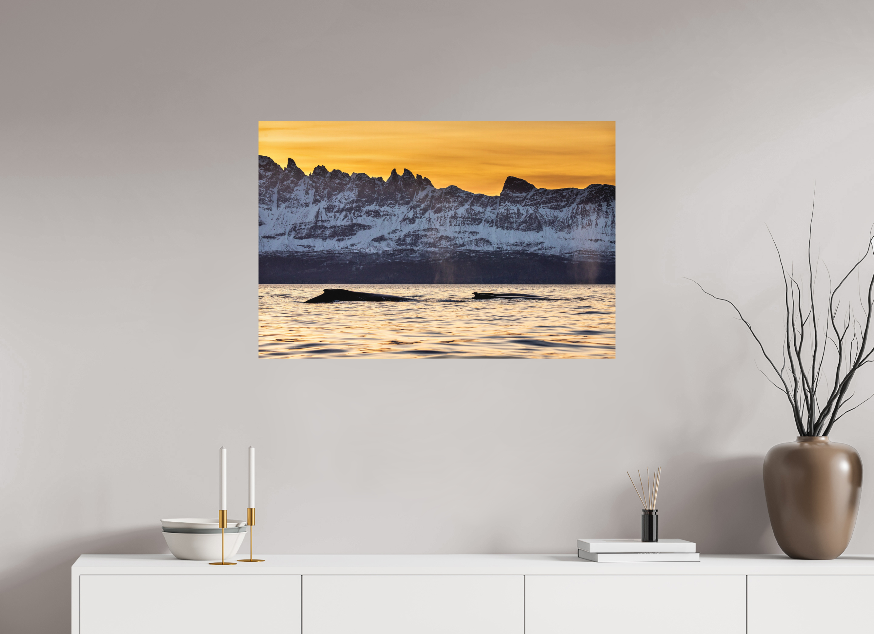 90 x 60 cm, Alu-Dibond Whales & Mountains